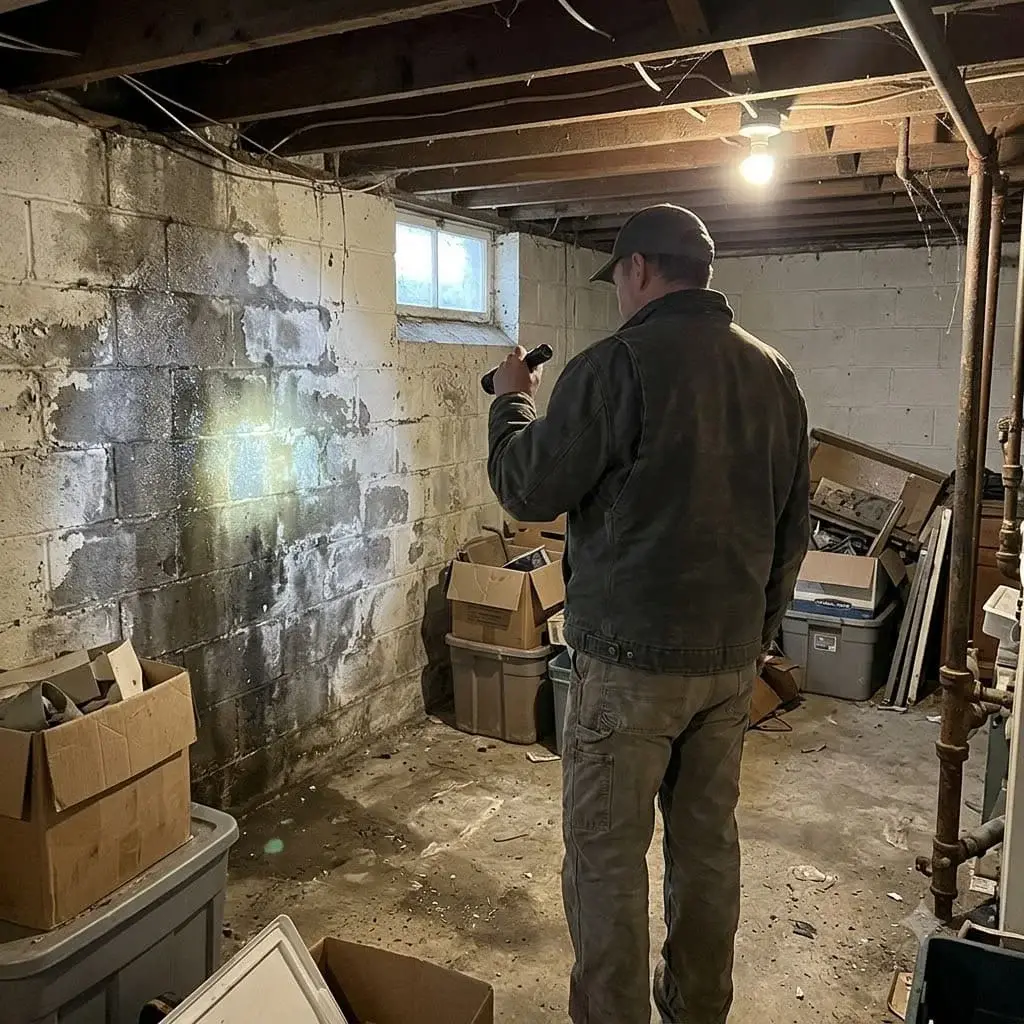 Flashlight lighting a damp basement wall during an inspection