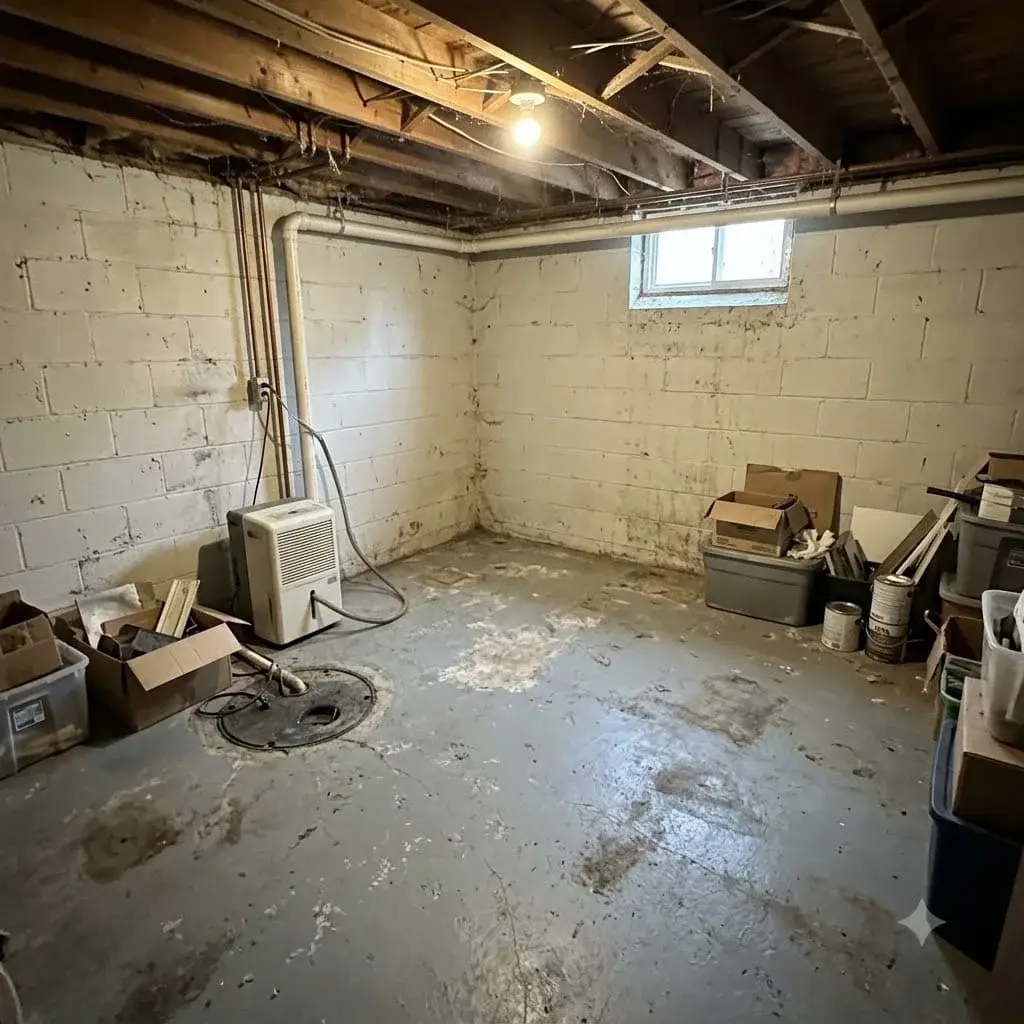Moisture meter and clipboard on a basement stair