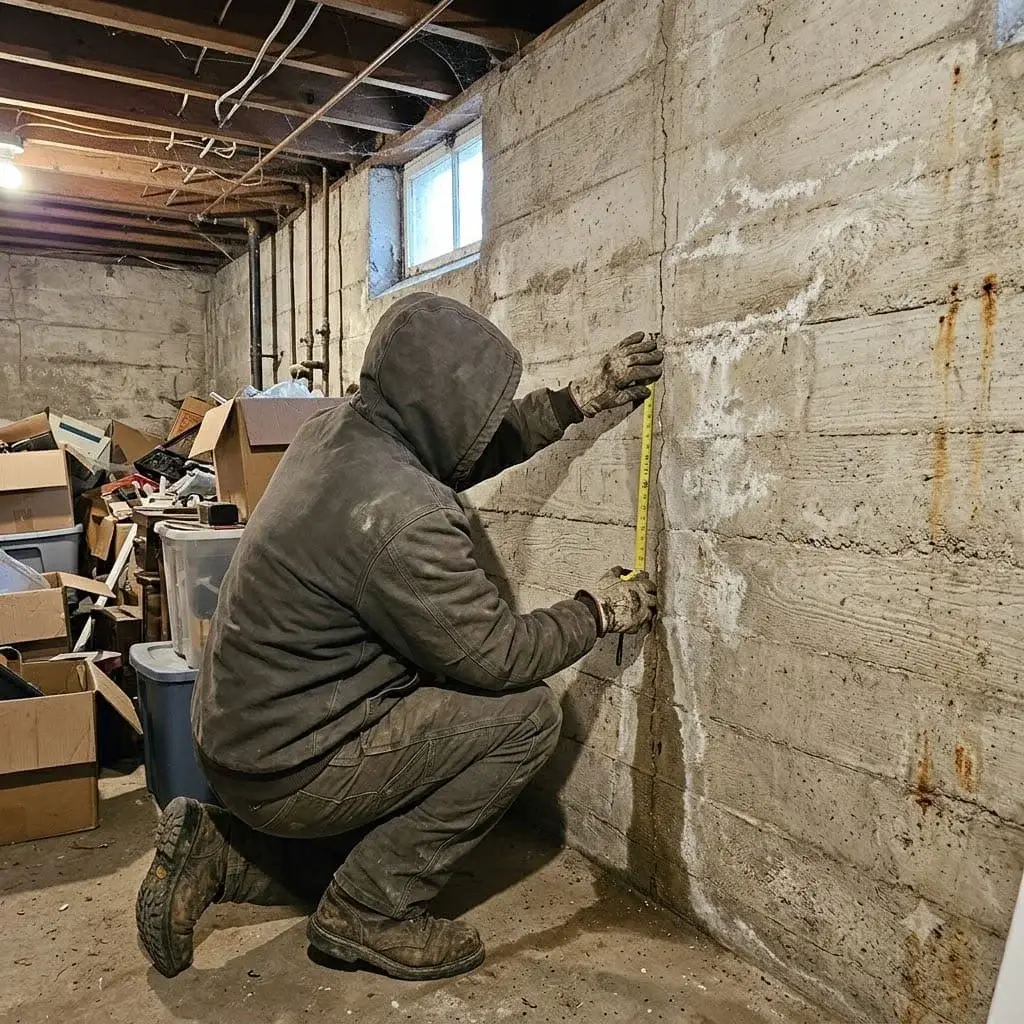 Hairline crack in a concrete wall being measured