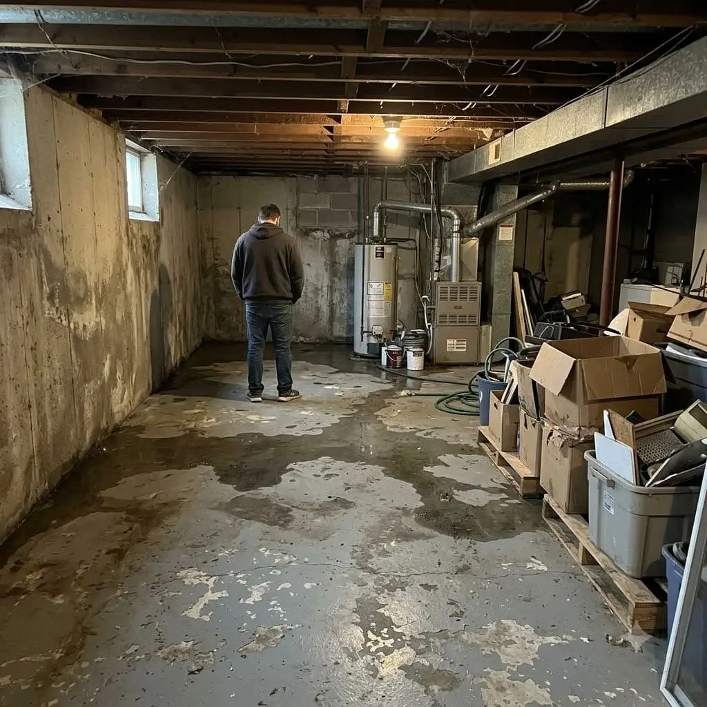 Basement with wet patches on the floor and a homeowner looking at them