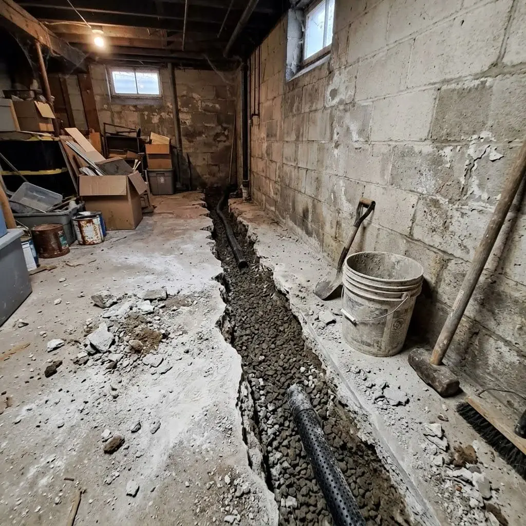 Drain channel and pipe along the base of a block wall