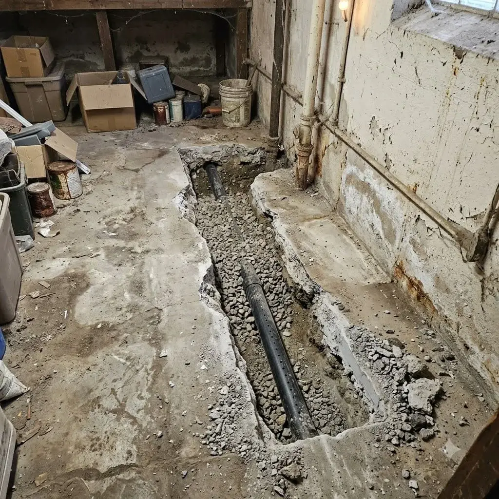 Open drain channel cut into a basement floor