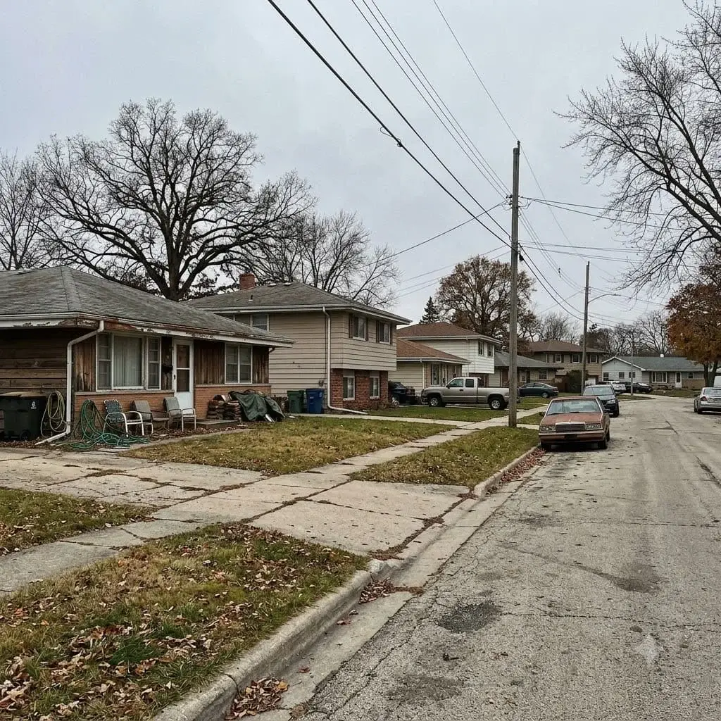 Residential street of 1960s and 1970s houses in a southern Wisconsin city