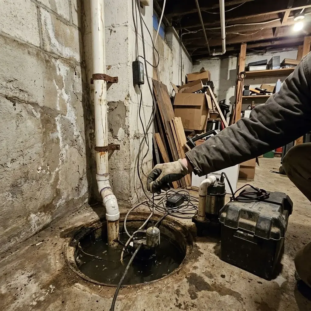 Sump pump with a battery backup unit in a basement corner